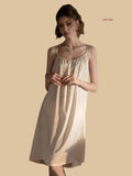 Front view of 19mm silk gathered nightdress with spaghetti straps