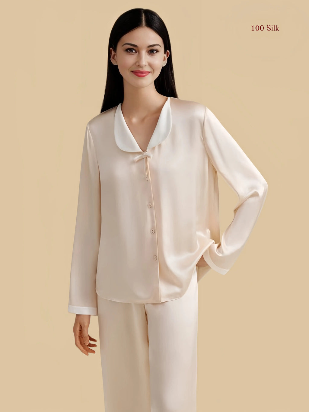 Gold pink 19mm contrast-collar silk set front view with bow neckline and full-length pants