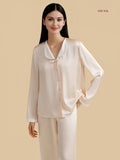 Gold pink 19mm contrast-collar silk set front view with bow neckline and full-length pants