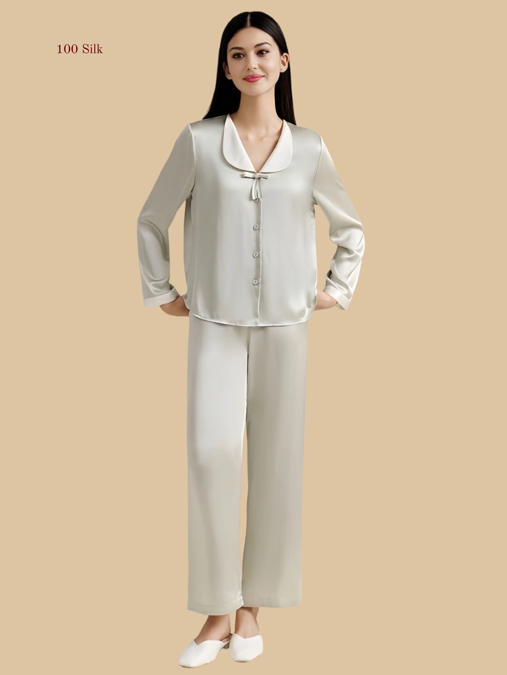Light bean green 19mm contrast-collar silk set front view with rounded collar and bow detail