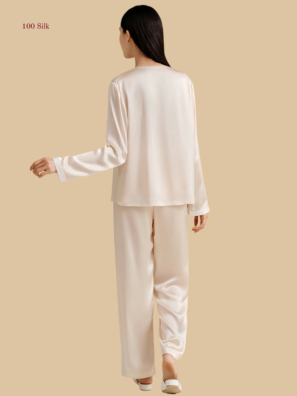 Gold pink 19mm contrast-collar silk set back view with long sleeves and straight pants