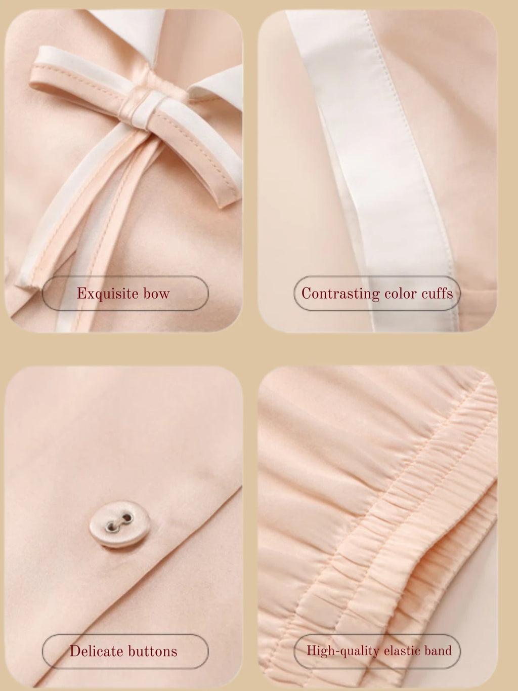 Detail view of 19mm silk set showing bow trim, contrast cuffs, buttons, and elastic waistband