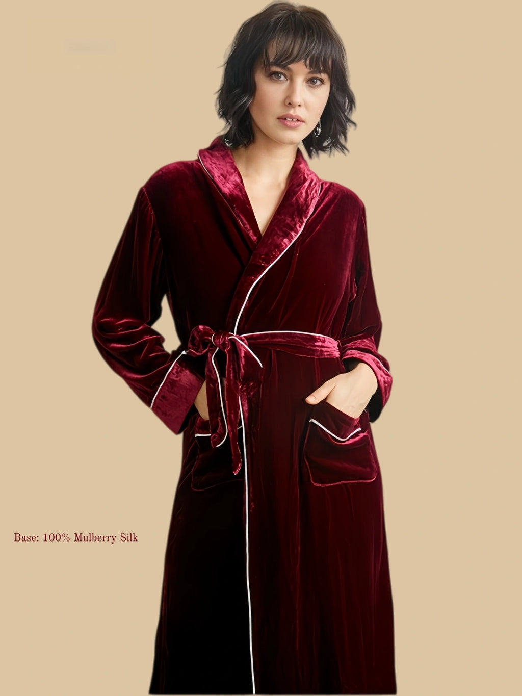 Burgundy contrast-piped shawl robe front close view with piped edge and patch pocket