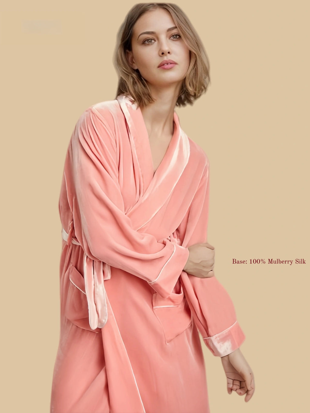 Pink contrast-piped shawl robe front view with wrap waist and long robe length