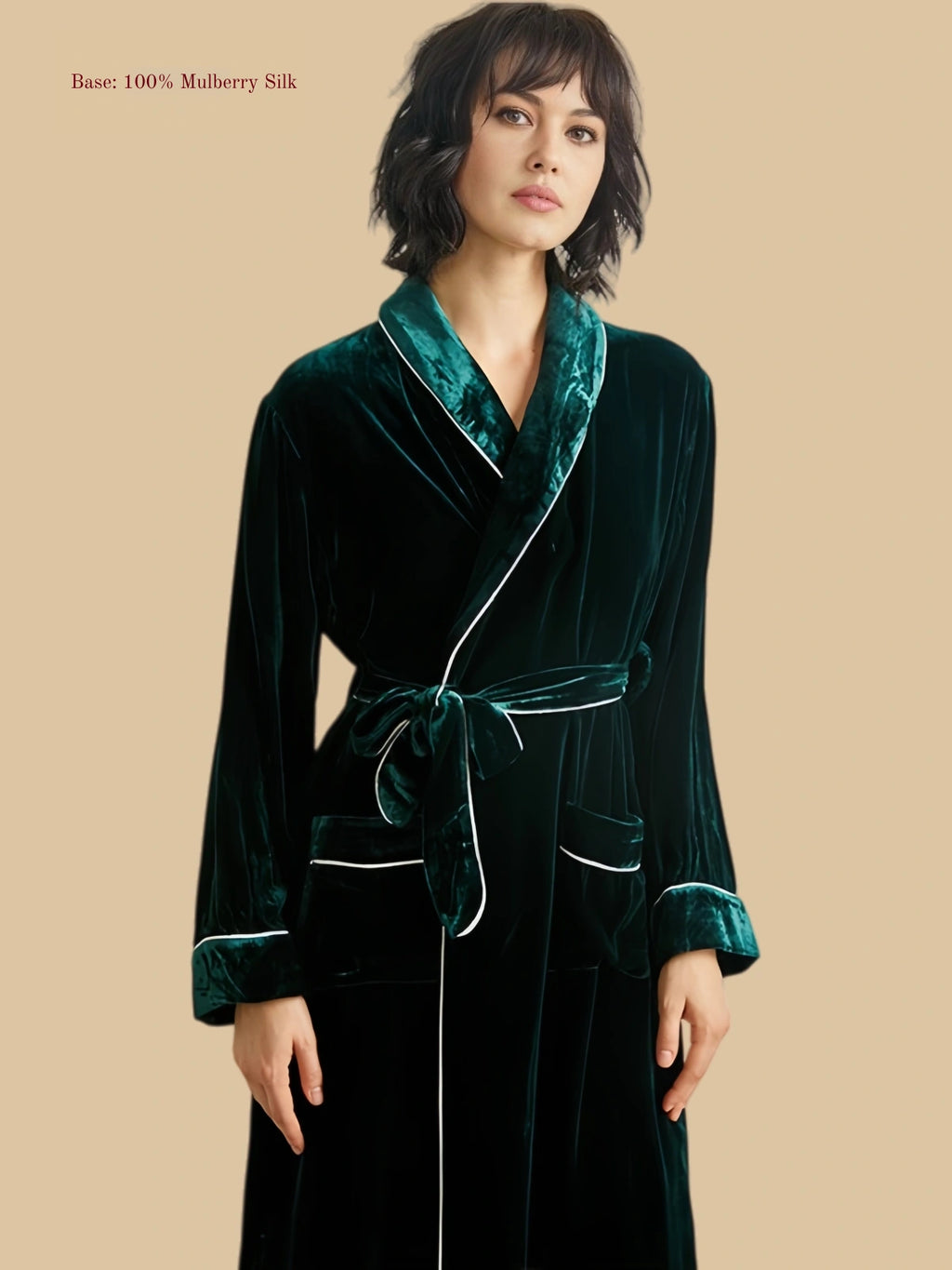 Green contrast-piped shawl robe close view with shawl collar and belt