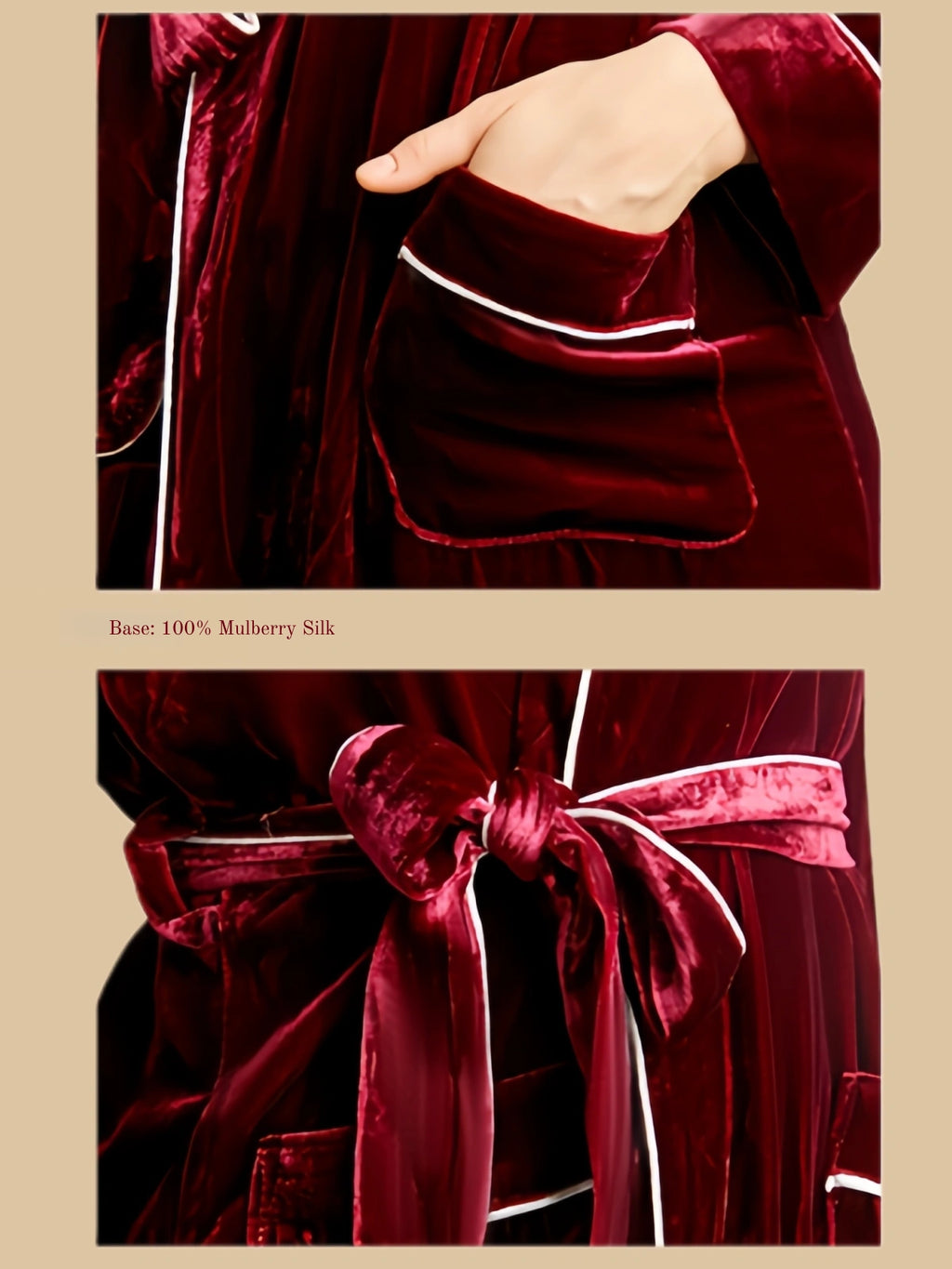 Burgundy contrast-piped shawl robe detail view with patch pocket edge and self-tie belt