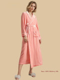 Pink contrast-piped shawl robe front view with wrap waist and long robe length