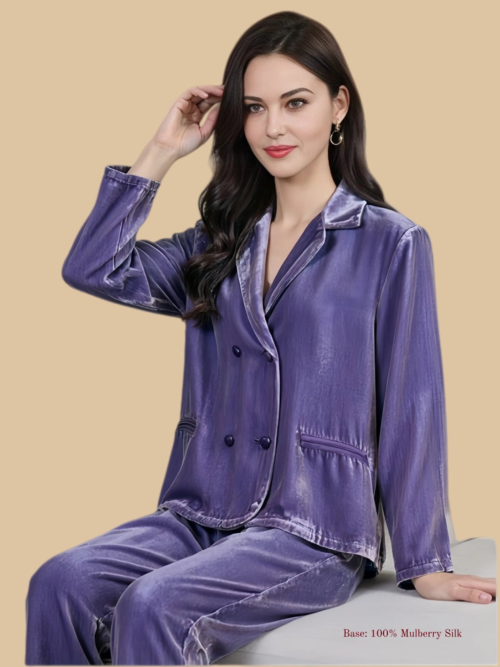 Purple velvet tailored set seated front view with blazer-style lapel and piped edges