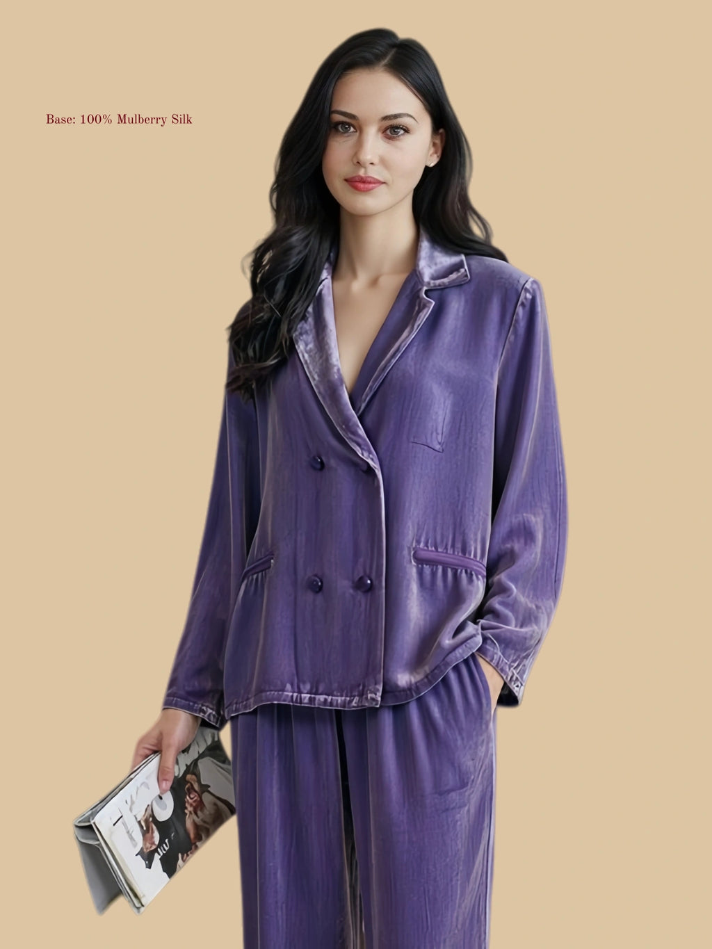 Purple velvet tailored set front view with patch pockets and full-length trousers