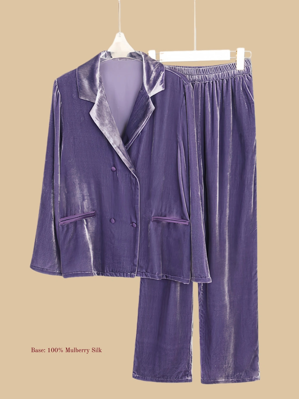 Purple velvet tailored set flat lay with matching top and trousers