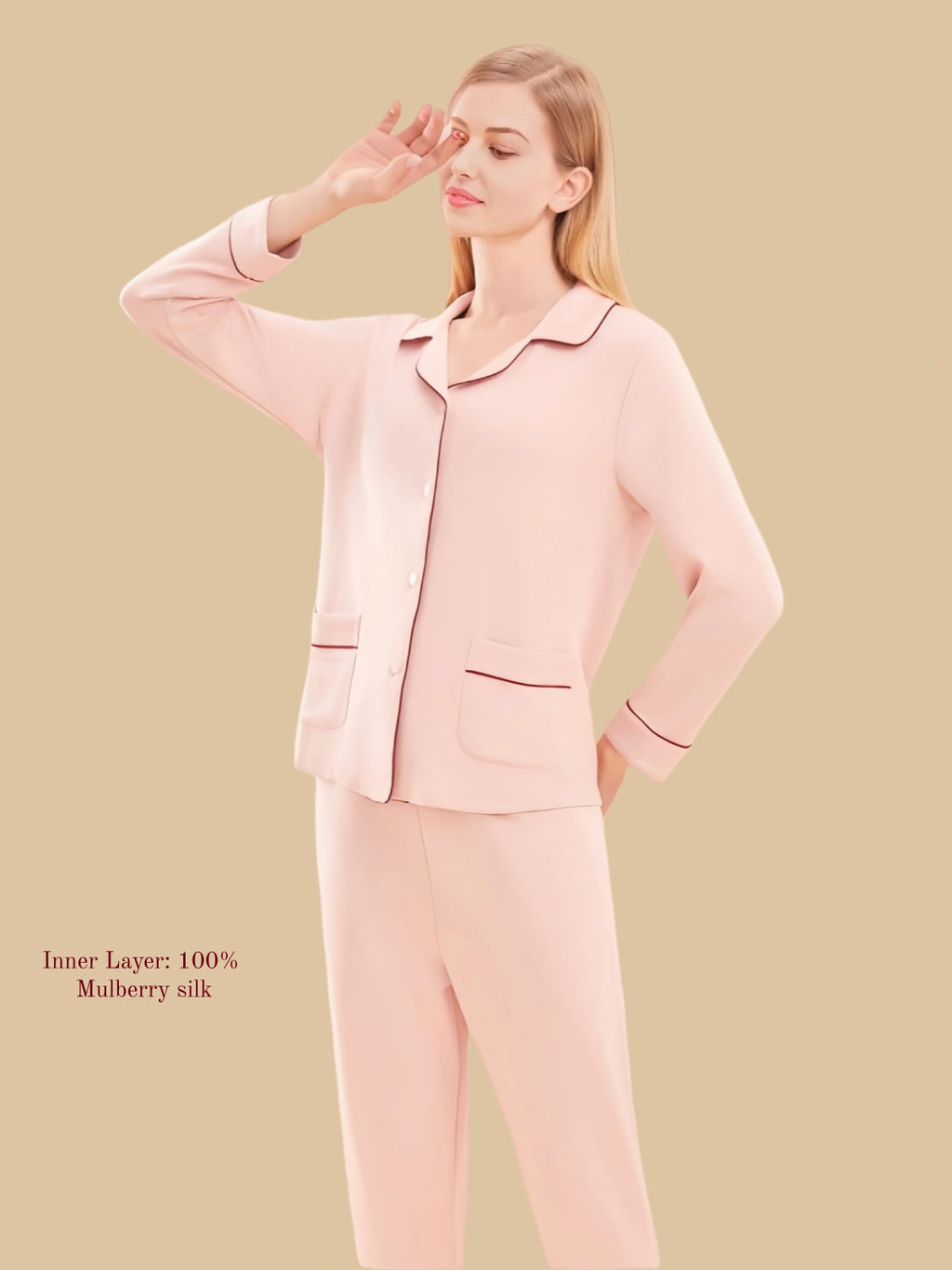 Soft pink dual-layer thermal set front view with patch pockets and contrast piping