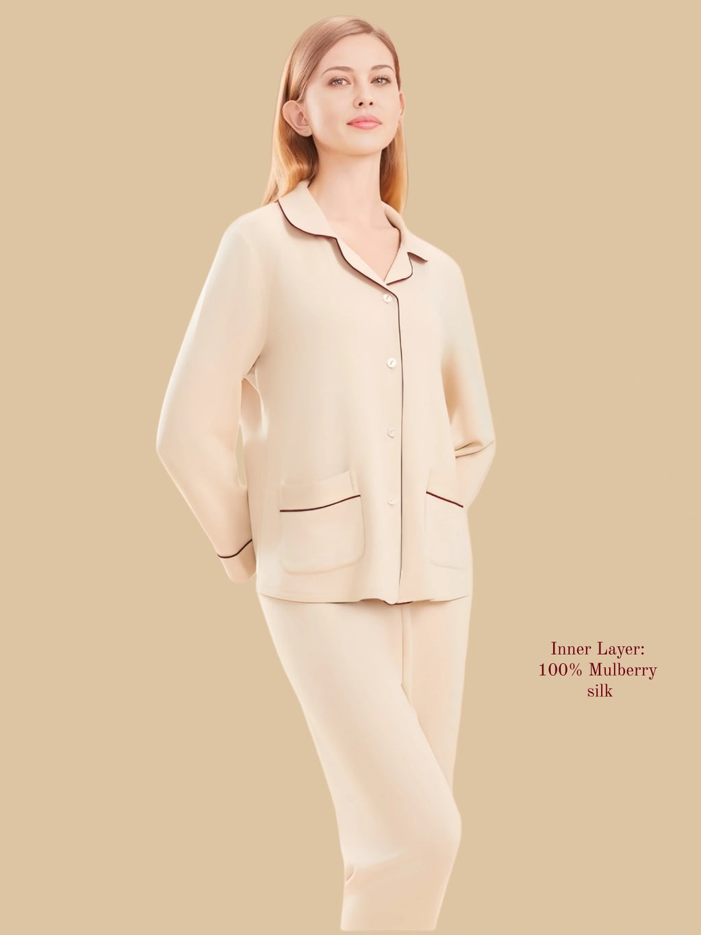Beige dual-layer thermal set worn front view with notch collar and straight trousers