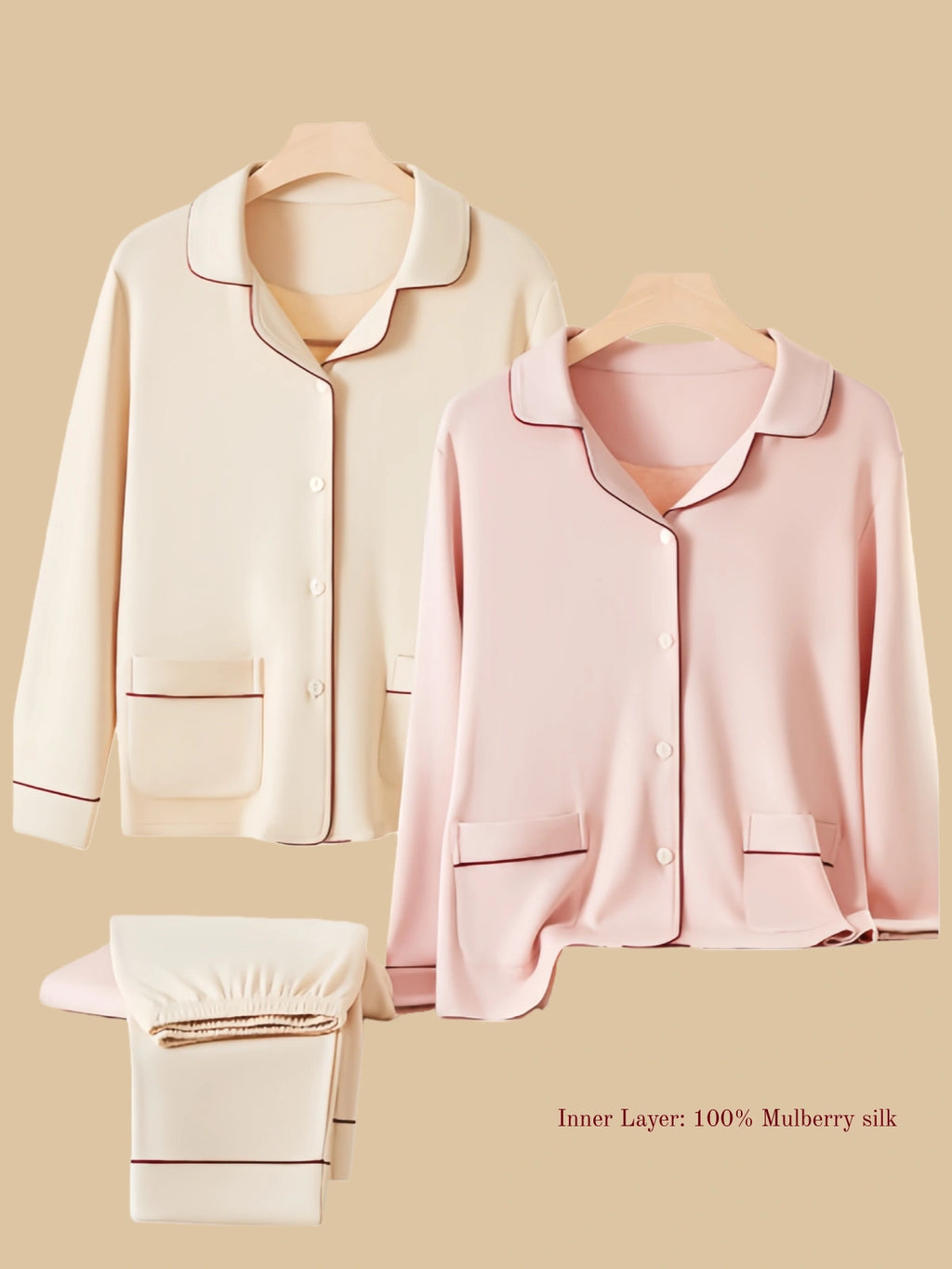 Soft pink dual-layer thermal set flat lay with button-front top and straight-leg pants
