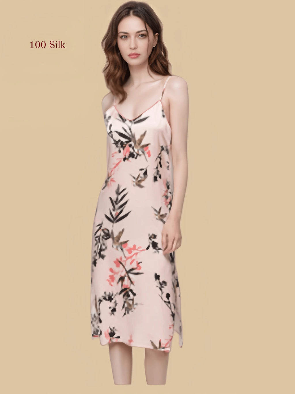 Pink 16mm printed silk slip front view with slim straps and botanical floral print