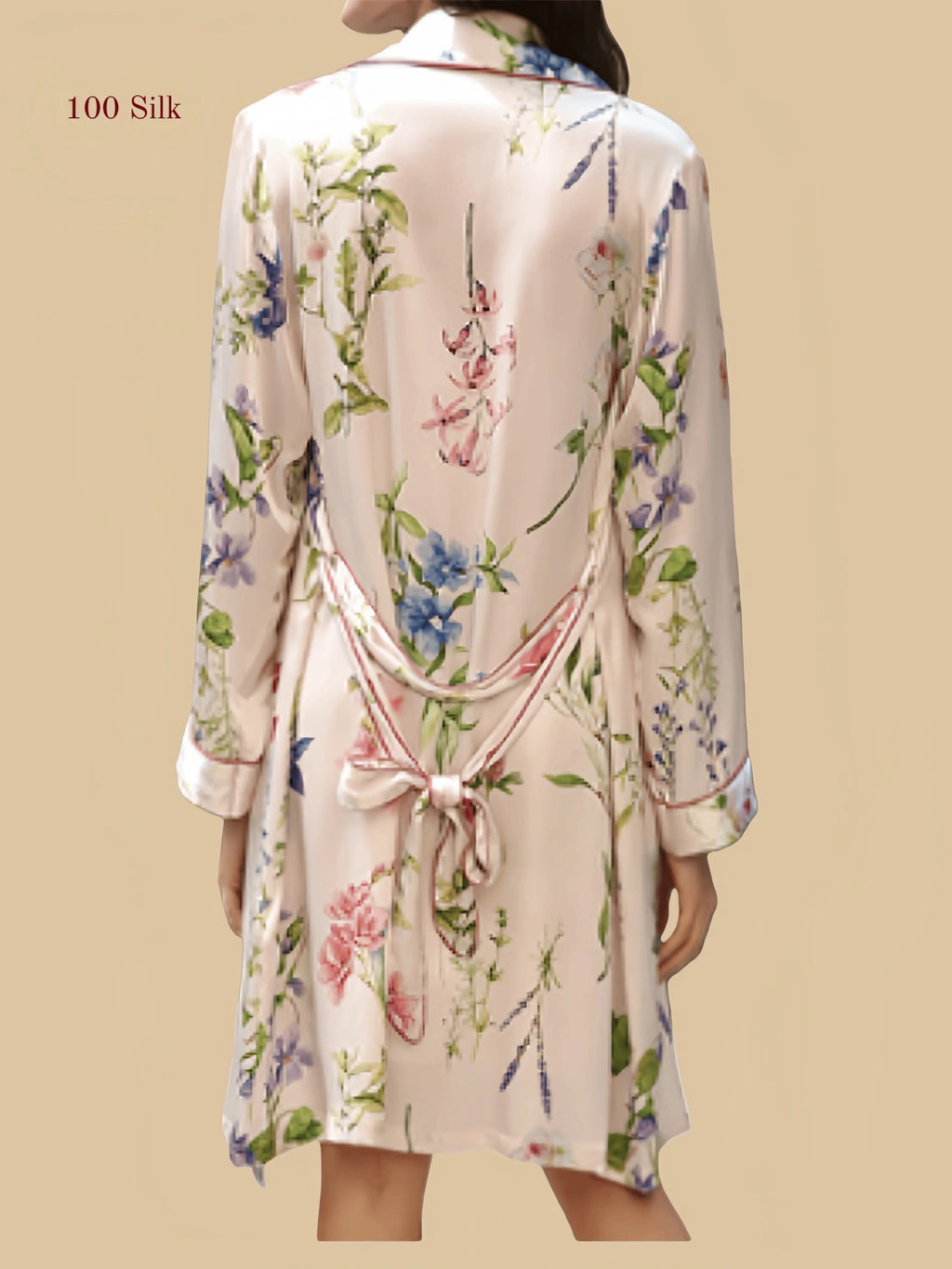 Pink 16mm printed silk robe back view with floral pattern and waist tie detail