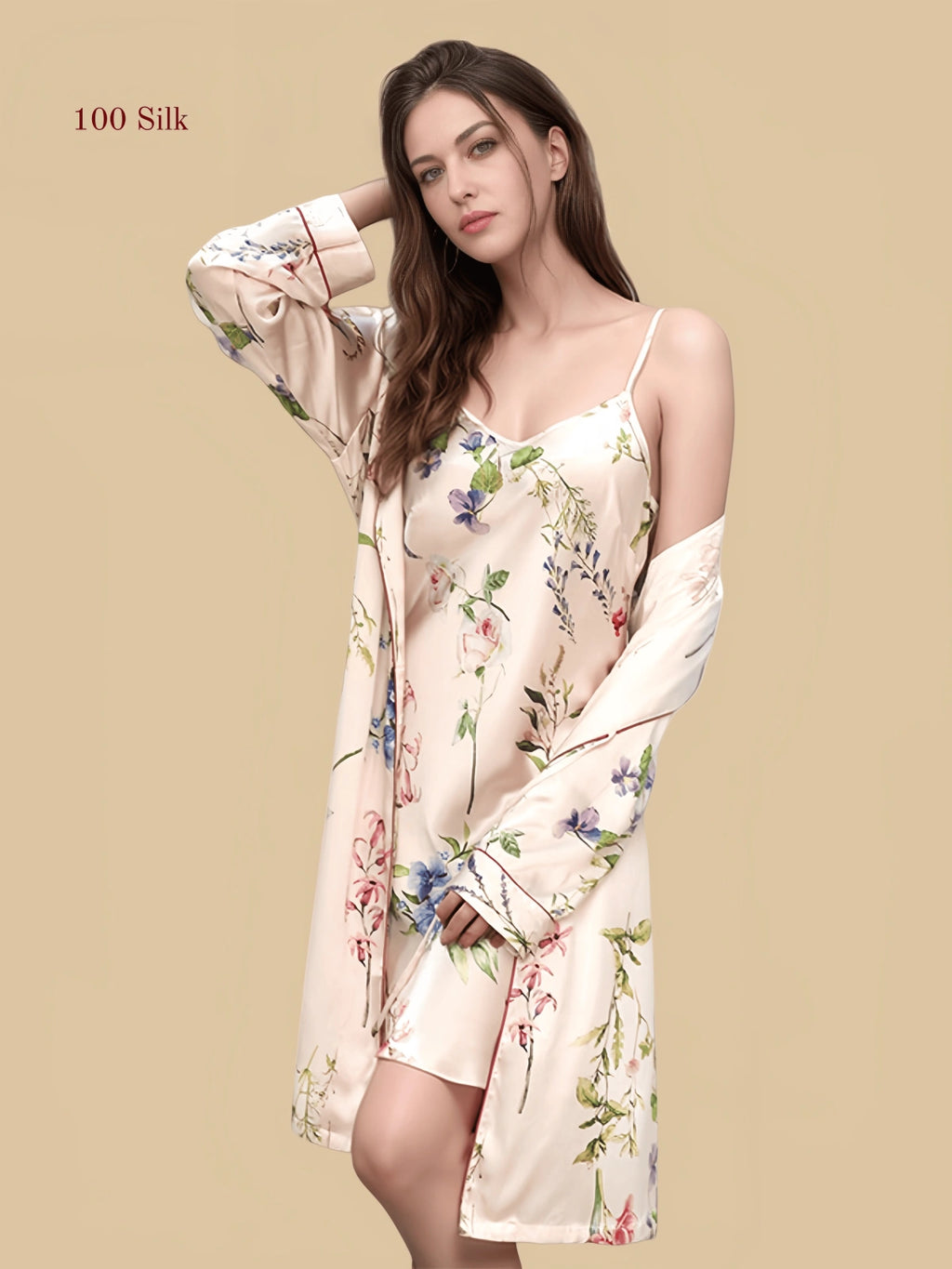 Pink 16mm printed silk wrap set front view with floral robe and matching slip dress
