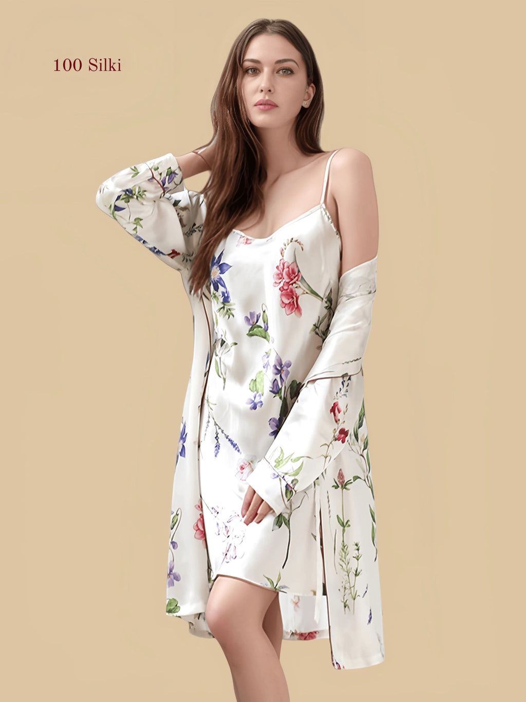 white 16mm printed silk wrap set front view with floral robe and matching slip dress