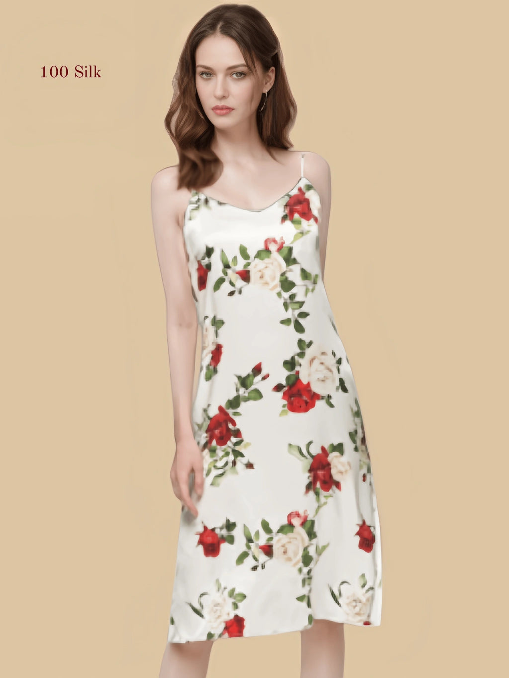 white 16mm printed silk slip front view with slim straps and botanical floral print