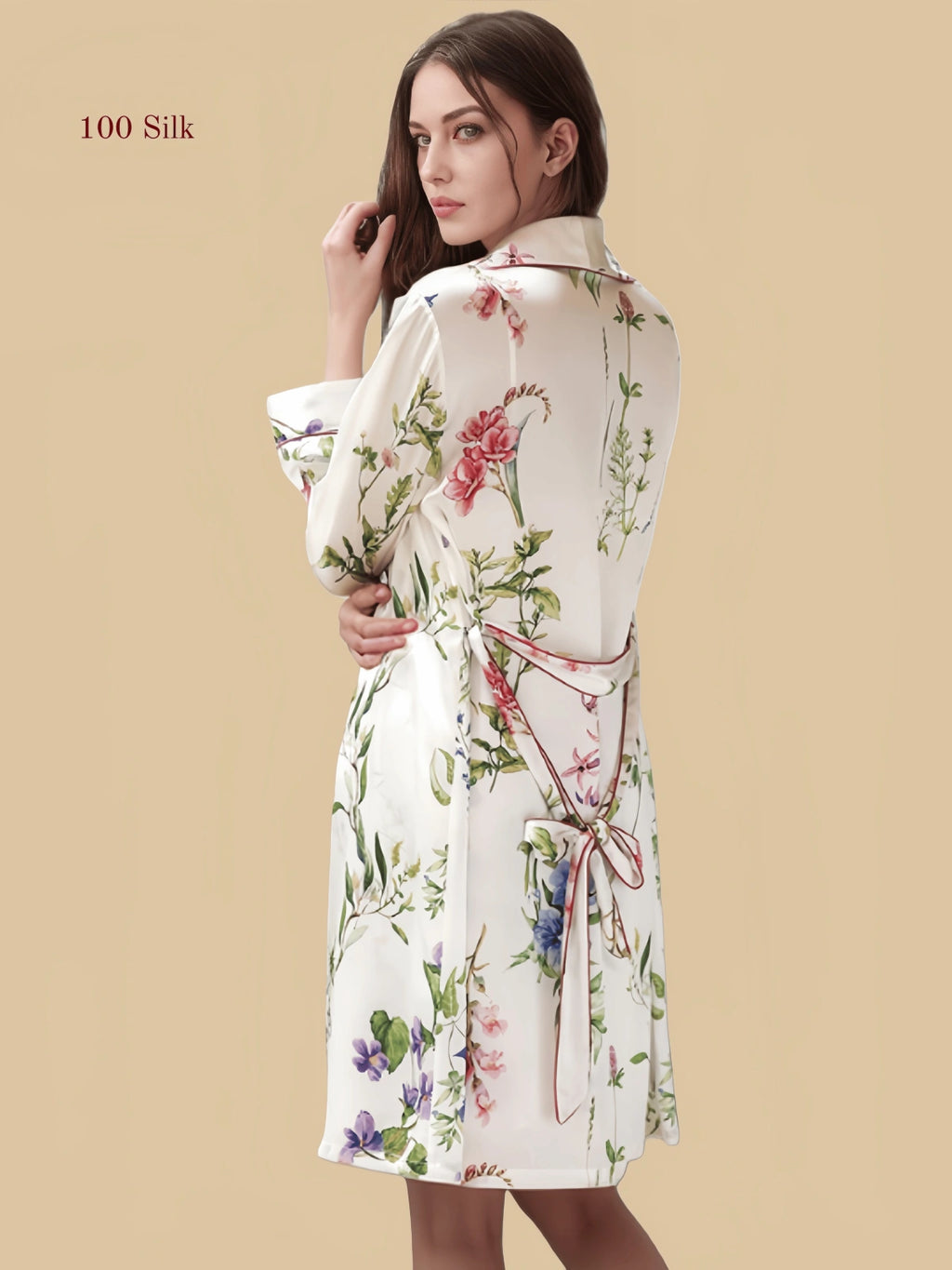 white 16mm printed silk wrap set back view with tied waist and all-over floral print