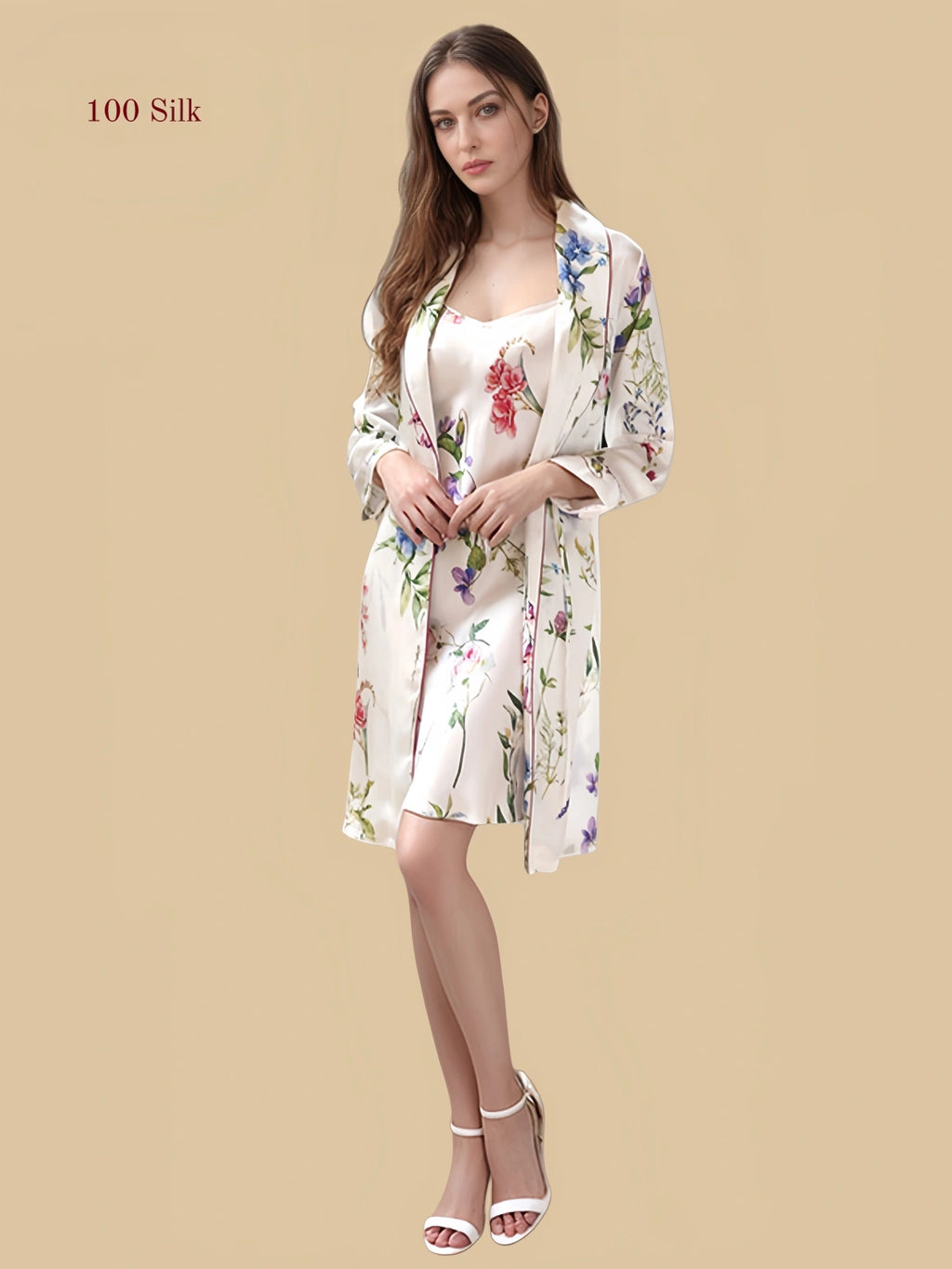 white 16mm printed silk wrap set front view with floral robe and matching slip dress