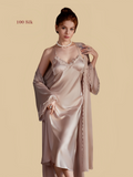 Pink 19mm silk robe set front view with matching robe and lace-trim slip