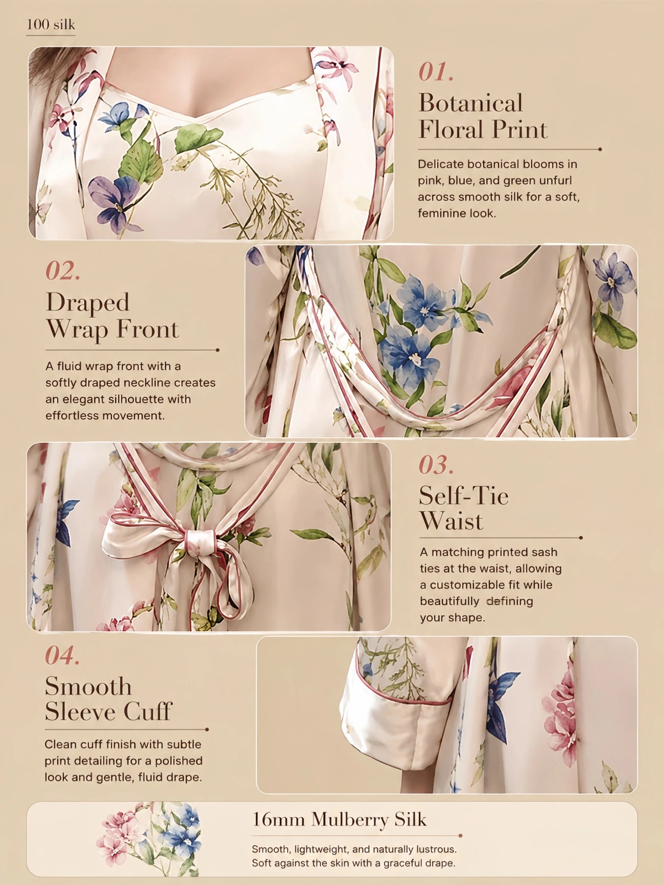 16mm ivory silk printed wrap set with botanical floral print, self-tie waist, smooth cuffs, and lightweight silk drape