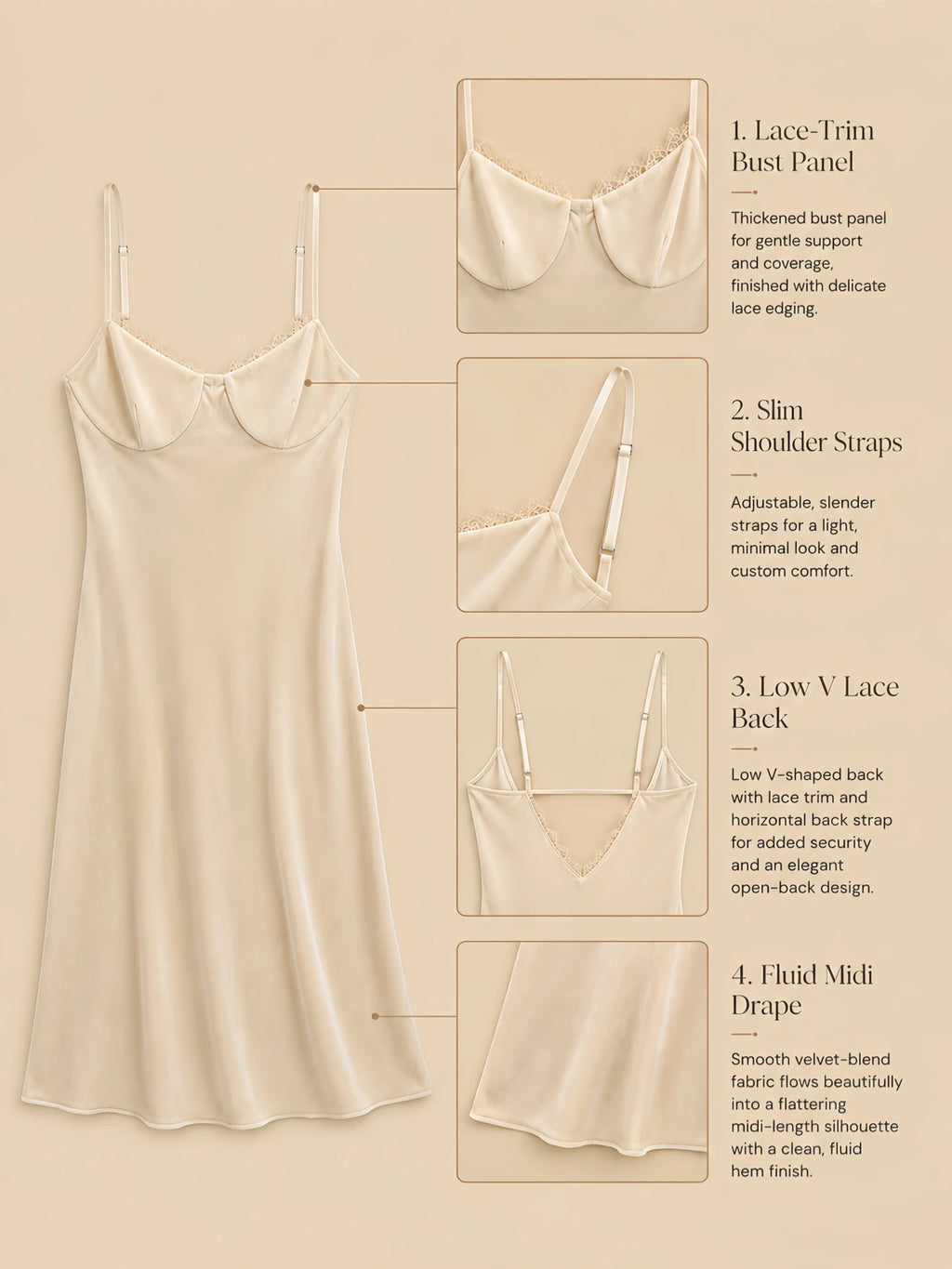 Champagne apricot velvet backless dress with thickened lace-trim bust cups, slim adjustable straps, low V-shaped lace-inset back, and fluid midi-length silhouette shown in a flat-lay product detail image.