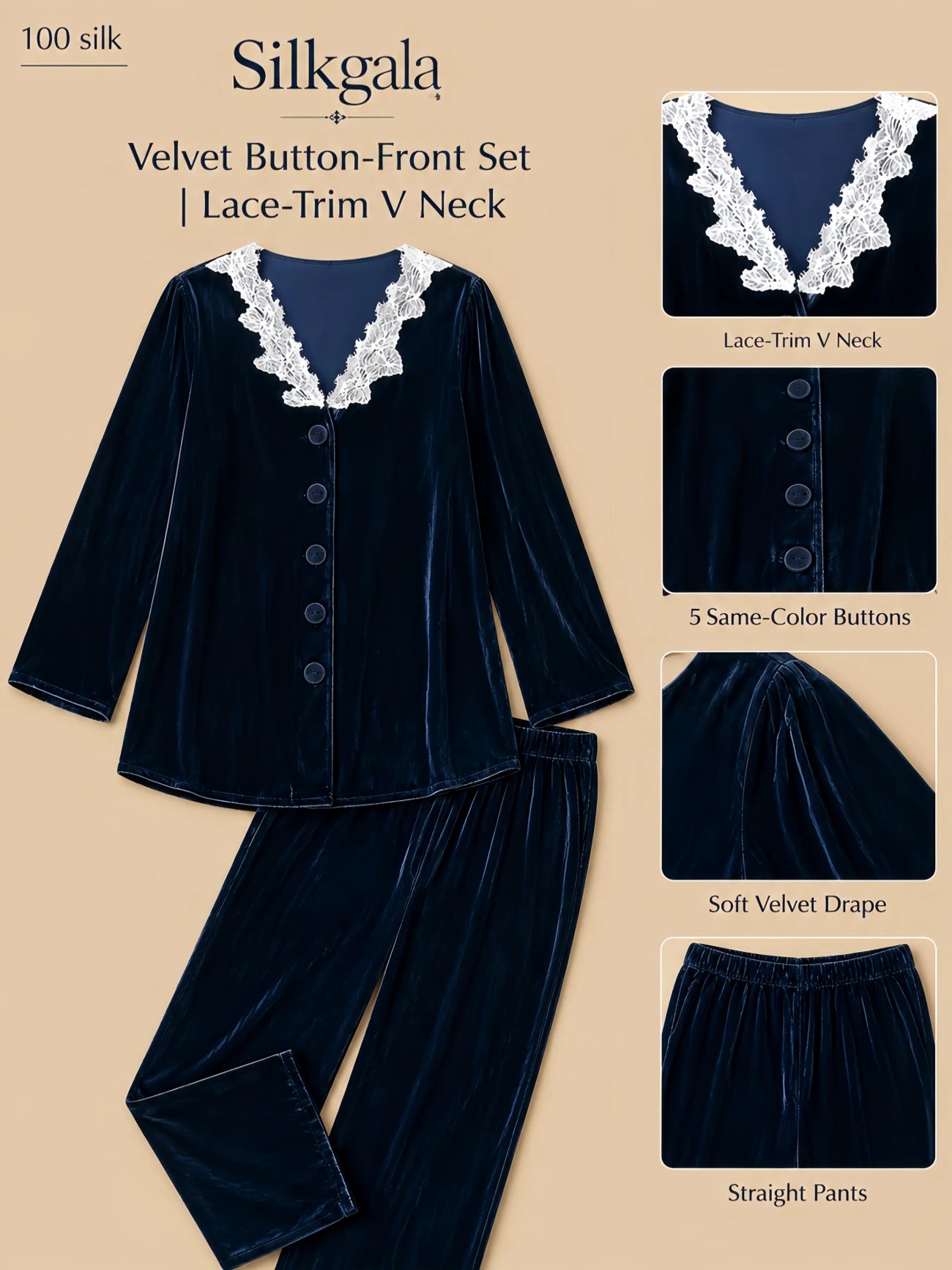 Silkgala velvet button-front set detail image featuring a navy silk-base velvet pajama set with a white lace-trim V-neck, five larger same-color front buttons, soft velvet drape, and straight-leg pants.