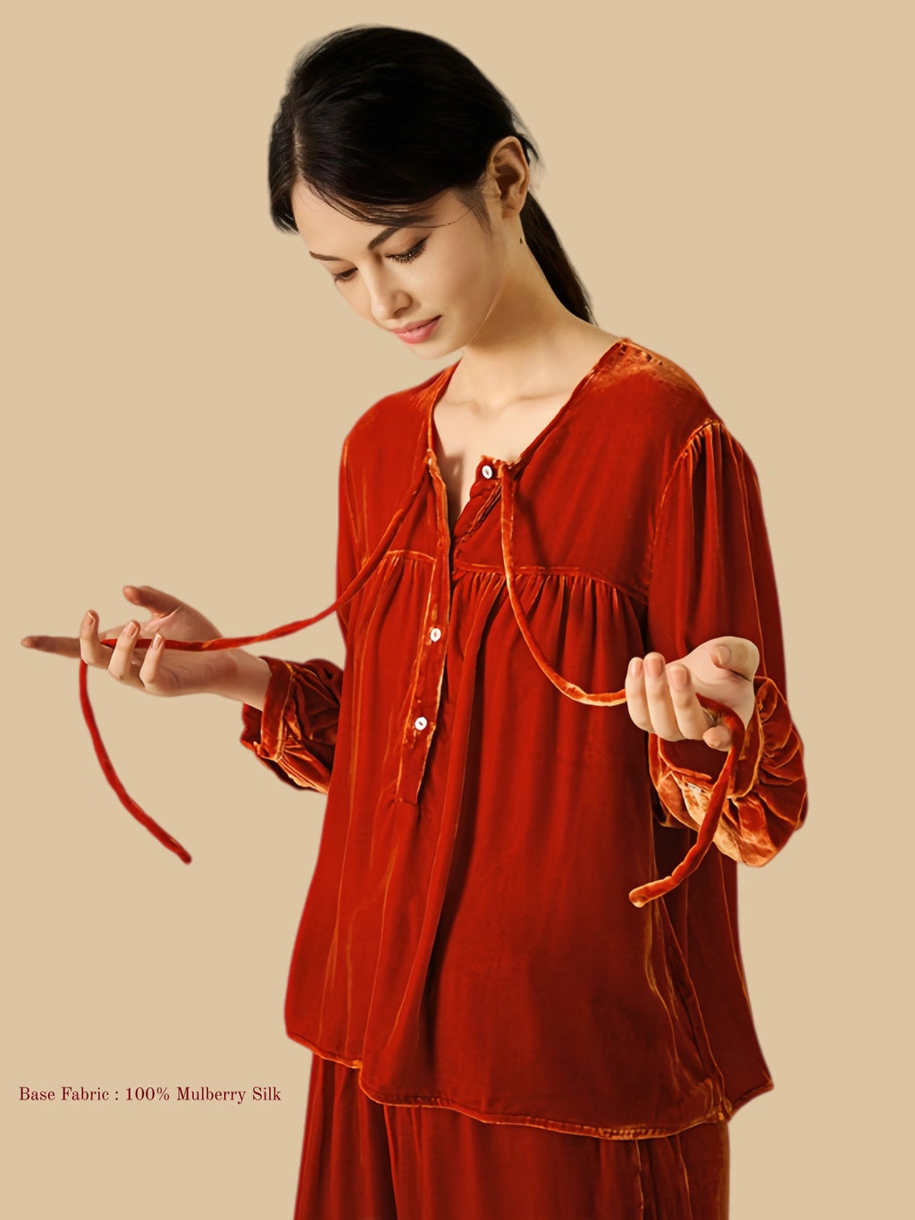 Vibrant Silk Velvet Long Sleeve and Pants Pajama Set - 100% Mulberry Silk Silk Nightgown And Robe Set | Silkgala