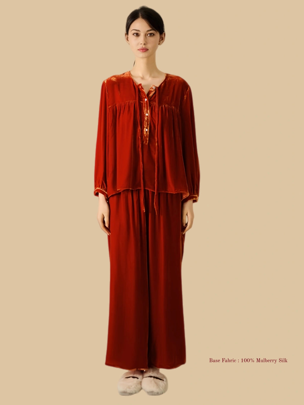 Vibrant Silk Velvet Long Sleeve and Pants Pajama Set - 100% Mulberry Silk Silk Nightgown And Robe Set | Silkgala