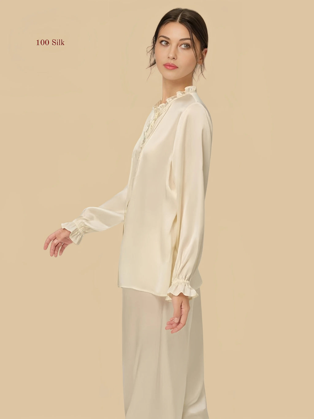 Off-white 19mm stand collar silk set front view with ruffle collar and pleated front detail