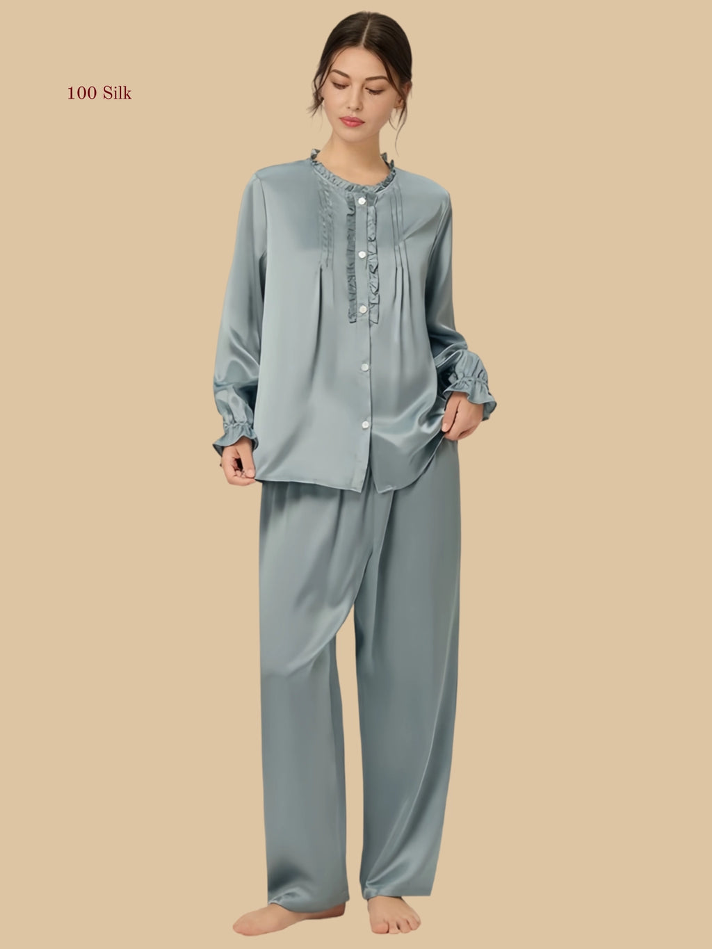 Misty bean blue 19mm stand collar silk set front view with pleated ruffle placket and full-length pants