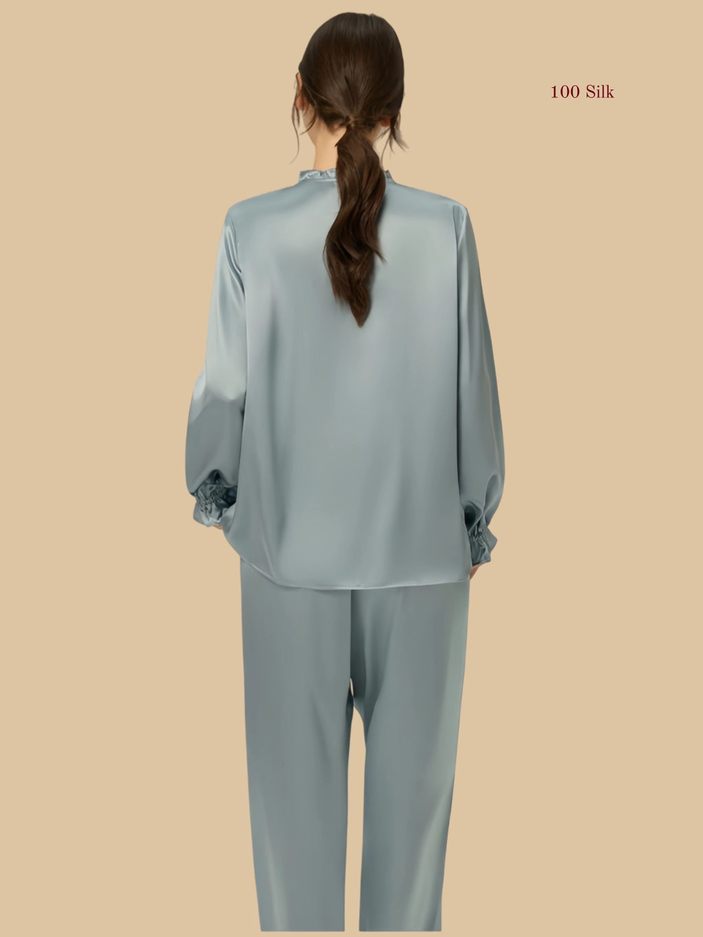 Misty bean blue 19mm stand collar silk set back view with long sleeves and straight pants