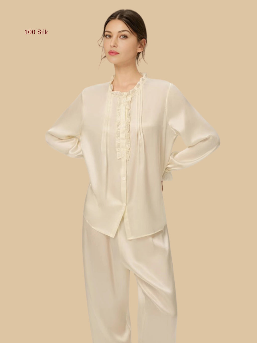 Off-white 19mm stand collar silk set front view with ruffle collar and pleated front detail