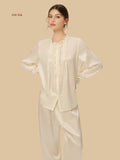Off-white 19mm stand collar silk set front view with ruffle collar and pleated front detail