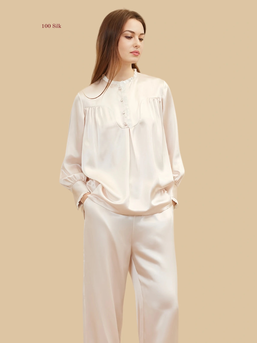 Pink 19mm lantern-sleeve silk set front view with pleated yoke and pale frill edge detail