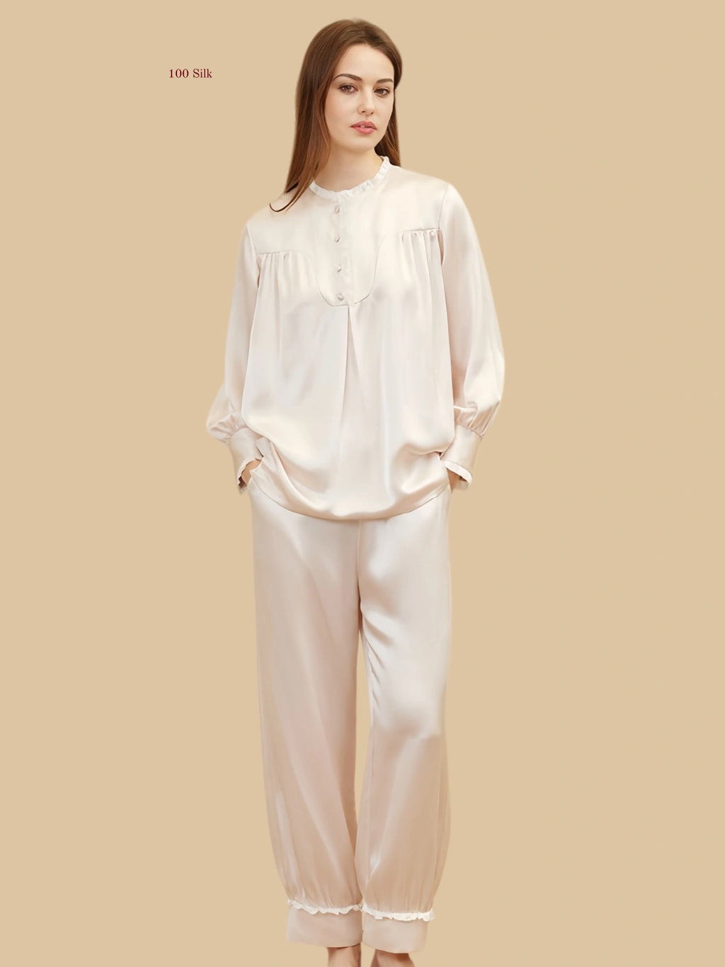 Mint green 19mm lantern-sleeve silk set front view with pleated front yoke and frill-trim cuffs