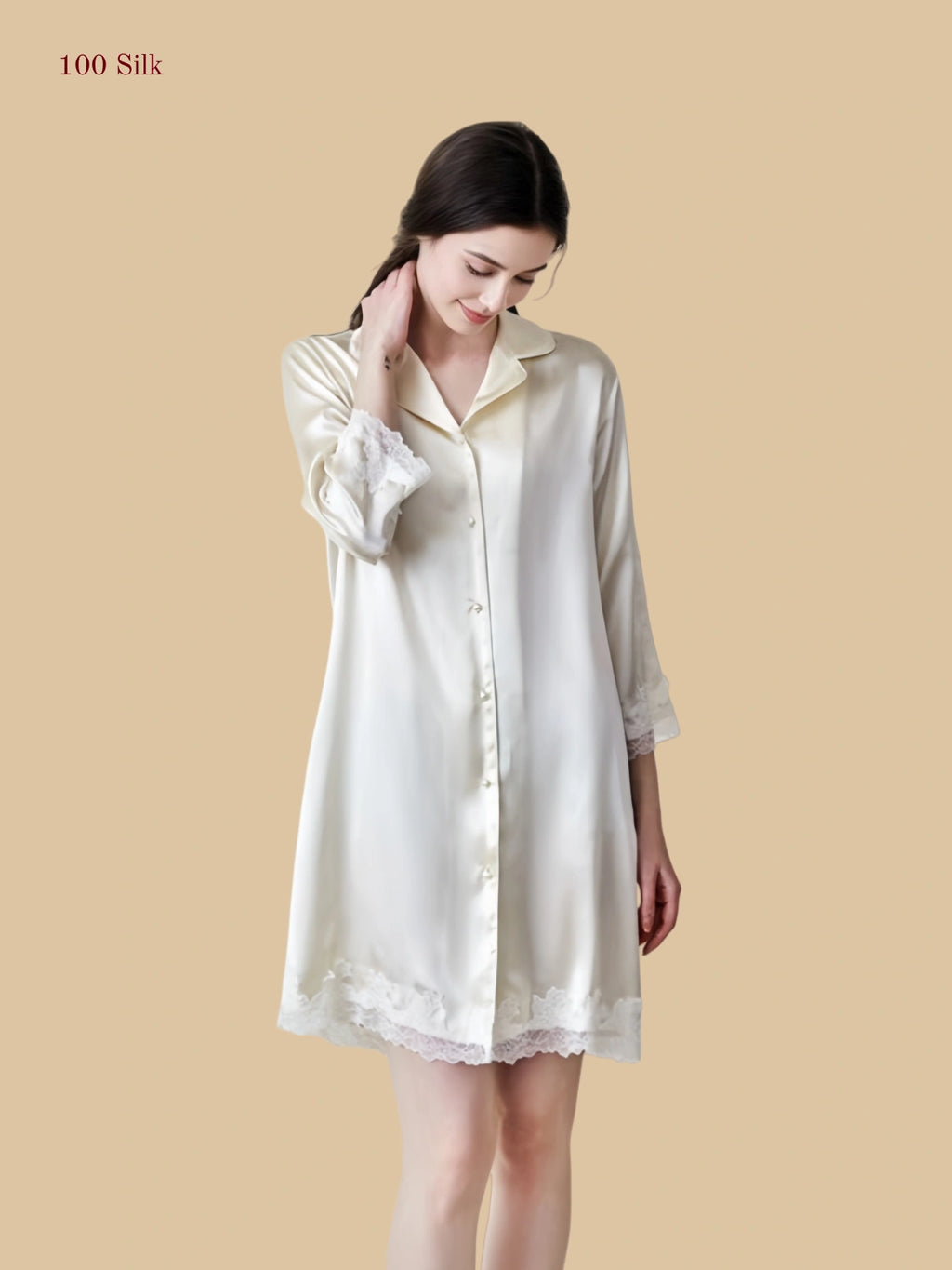 Silkgala 16mm Off-White button-down silk nightshirt with heavy white lace trim.