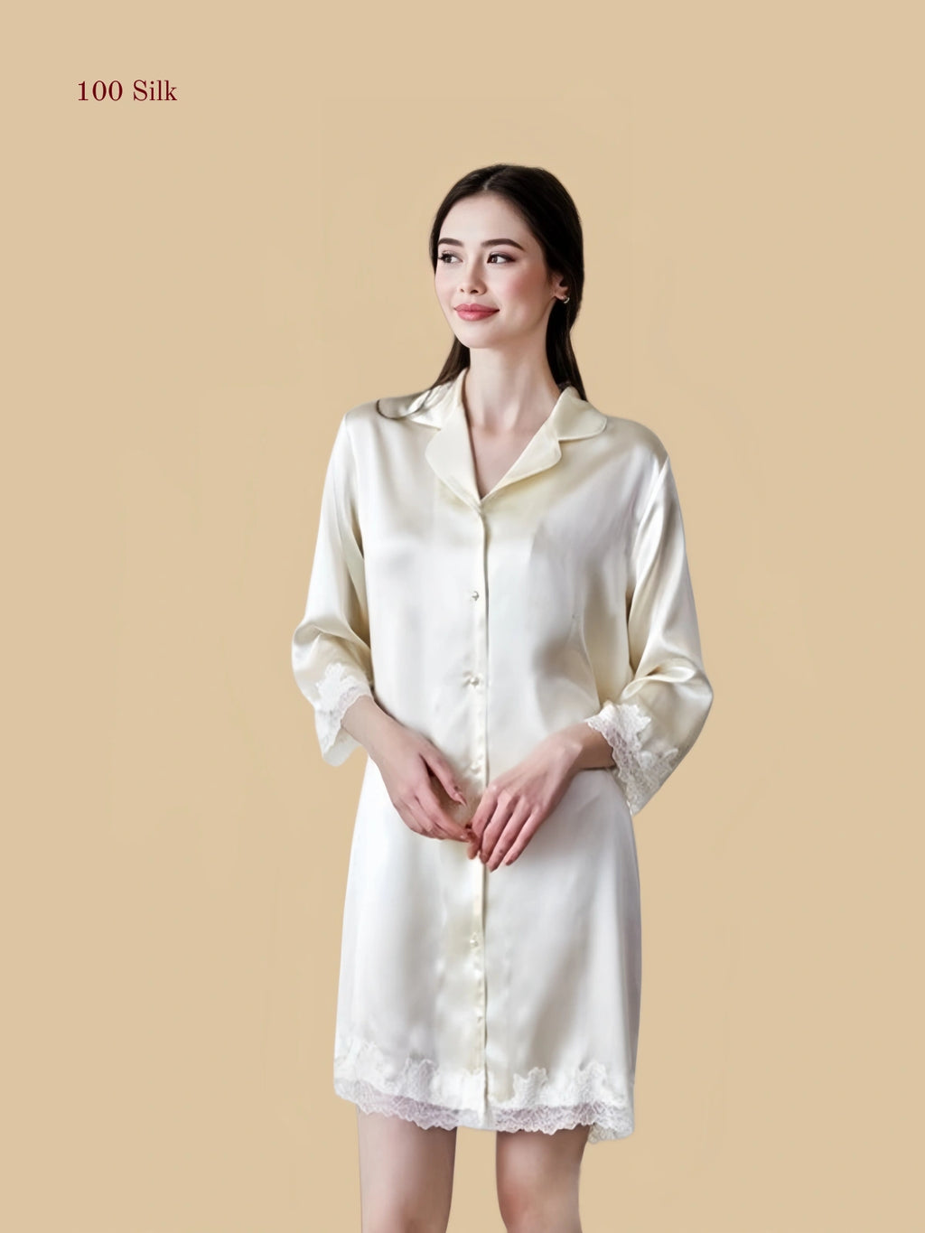 Silkgala 16mm Off-White button-down silk nightshirt with heavy white lace trim.