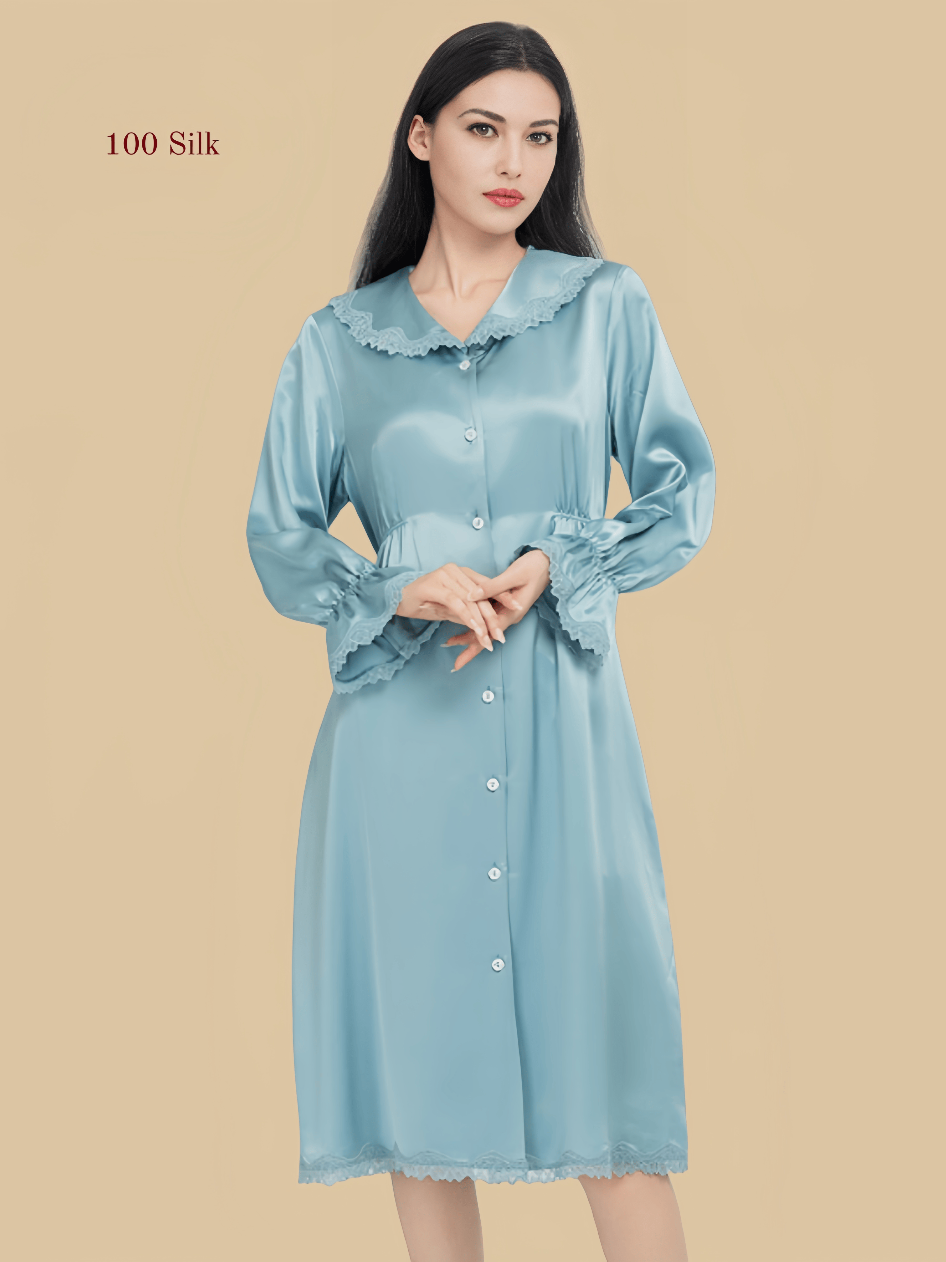 Luxury Blue 22 Momme Button-Front Silk Nightdress with Long Sleeves | Silkgala