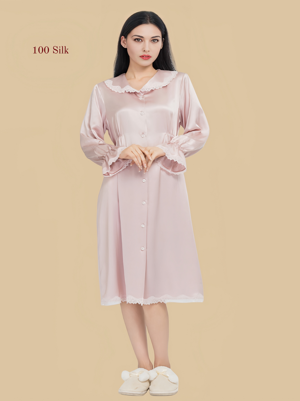 Women's 100% Silk Long-Sleeved Nightgown
