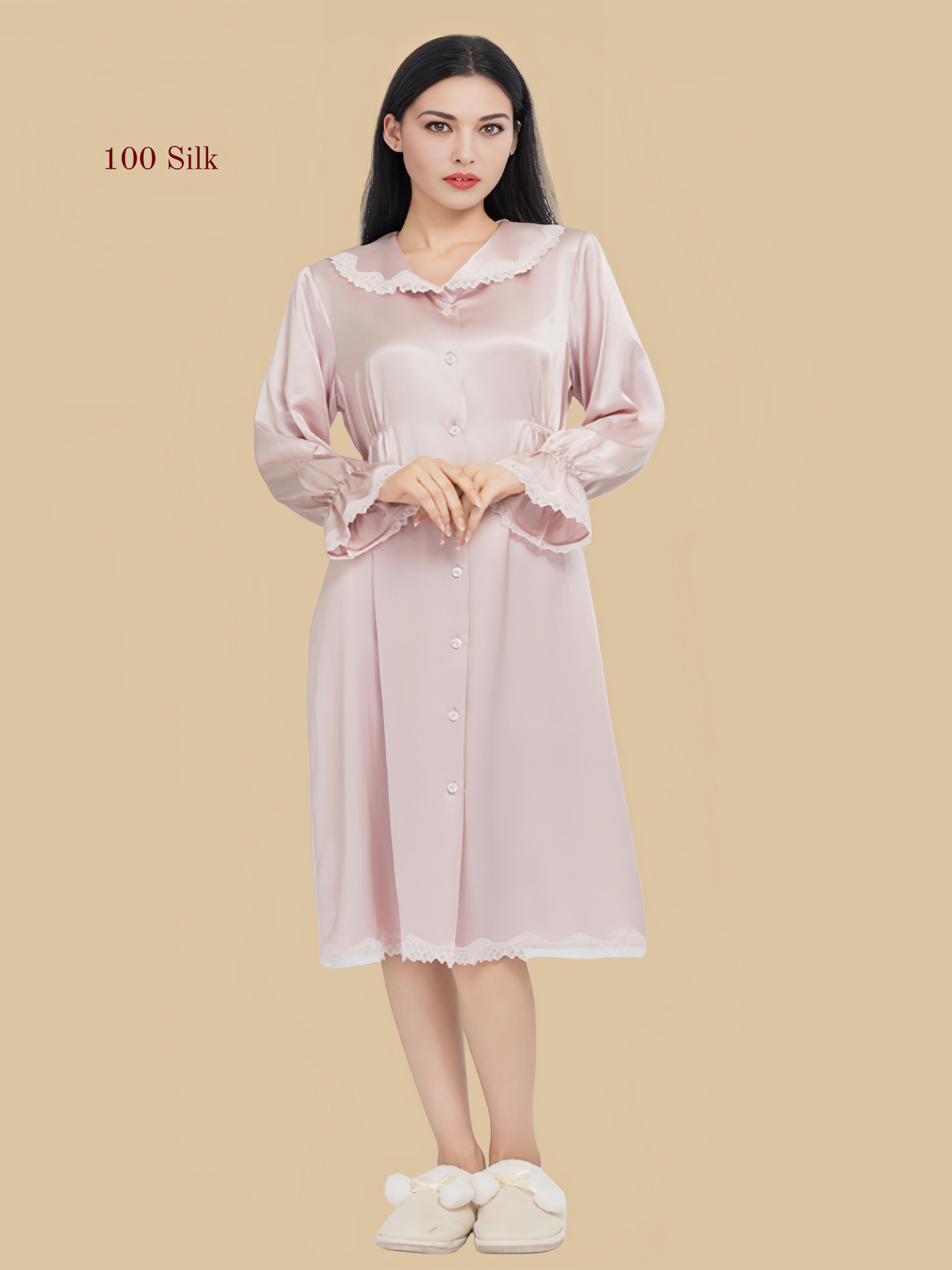 Women's 100% Silk Long-Sleeved Nightgown