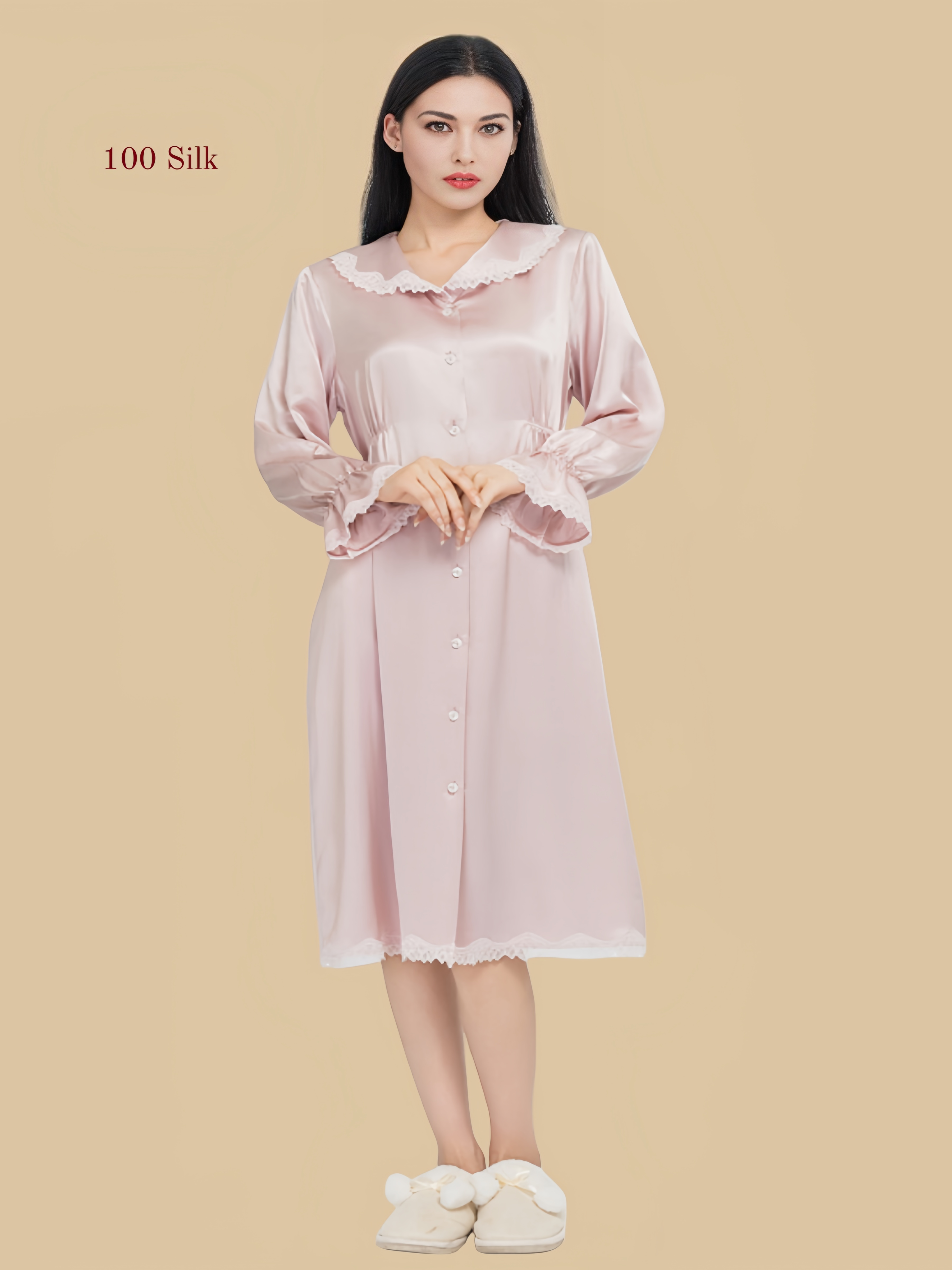 Luxury pink 22 Momme Button-Front Silk Nightdress with Long Sleeves | Silkgala
