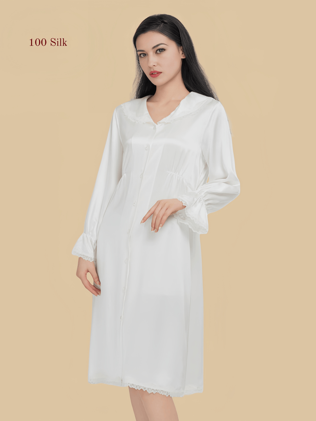 Women's 100% Silk Long-Sleeved Nightgown
