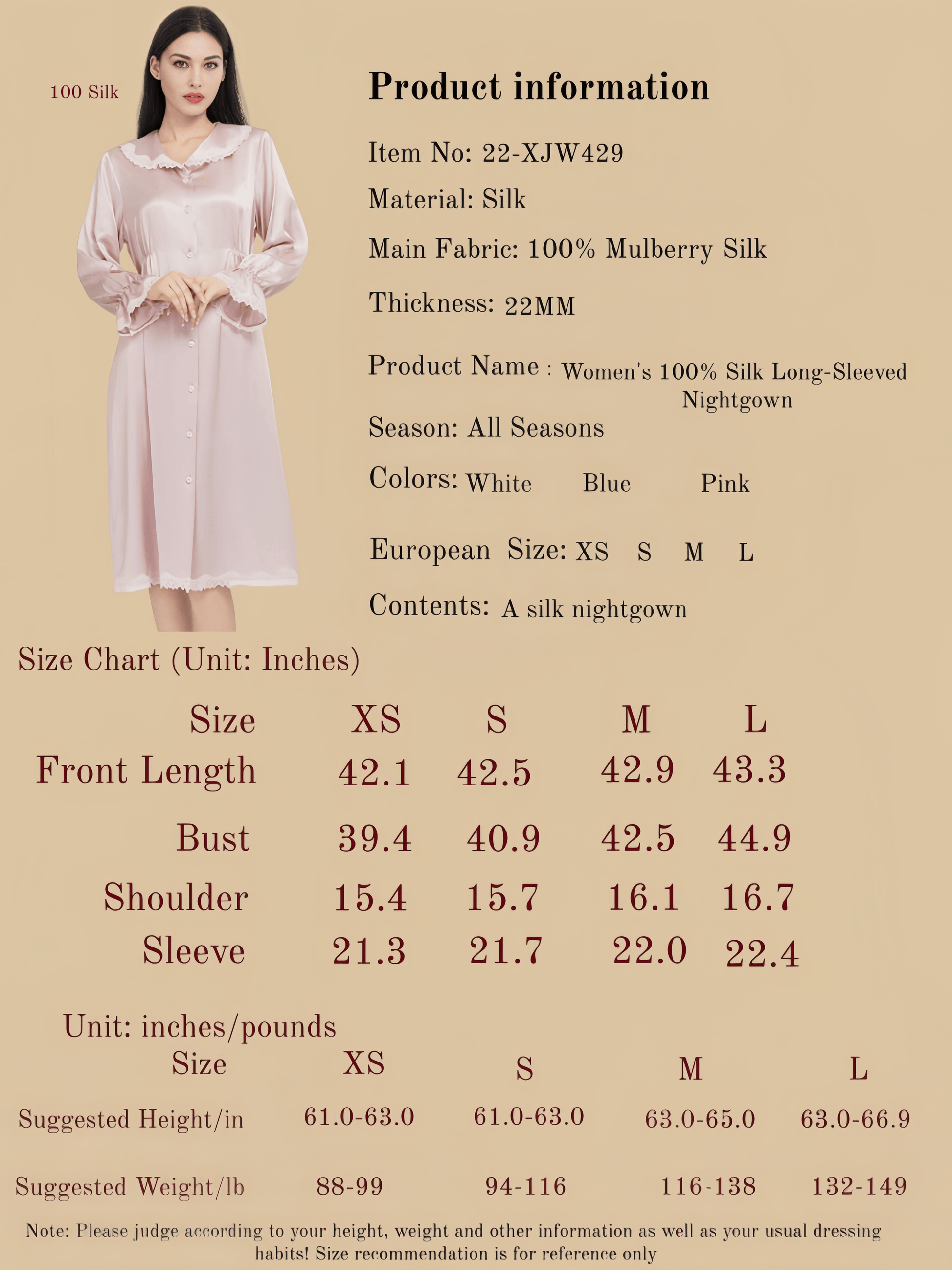 Women's 100% Silk Long-Sleeved Nightgown