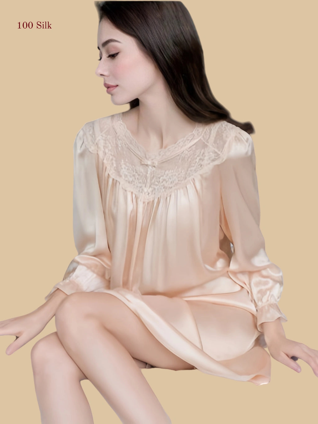 Champagne 19mm lace yoke silk nightgown front view with gathered front and soft elastic cuffs