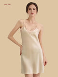 19mm beige silk nightgown with contrast V trim neckline front view