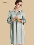 Blue 16mm silk lounge dress front view with soft collar, empire seam, and shirred lantern sleeves