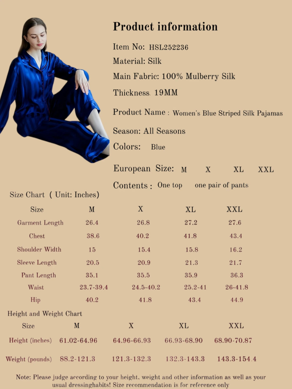 Women's Blue Striped Silk Pajamas