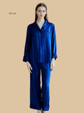 Blue 19mm soft-drape silk shirt set front view with tonal vertical stripes and contrast piping